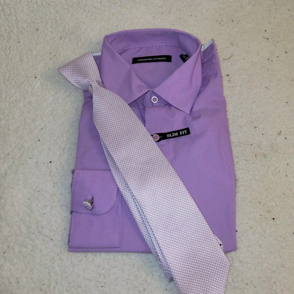 Adrienne Vittadini Men's Purple Dress Shirt Slim Fit‎ M 15–15.5 Tie Set
